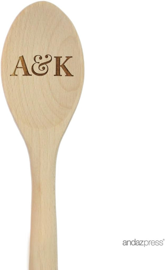 Andaz Press Personalized Laser Engraved Wooden Mixing Spoon, 12-inch, Monograms, 1-Pack, Custom Bride and Groom