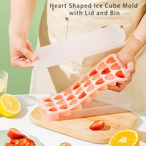 2 Pack Heart-Shaped Ice Cube Trays with lid and bin - 48 Holes Silicone Mini Heart Ice Cube Tray, BPA Free and Dishwasher Safe, Fun Shape Ice Cube Mold, Easy to Remove