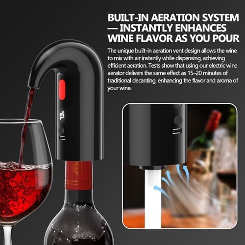 Electric Wine Aerator & Decanter Pump – Perfect Fathers Day Quiet Dual-Pump Aeration, Measured Pouring, Temp Display & USB Rechargeable System – Professional Wine Tool for Home Bars (Black)