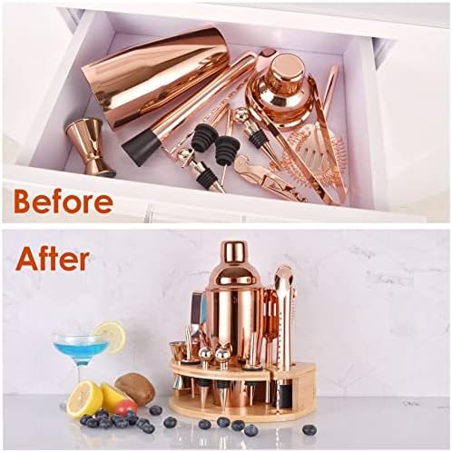 Bartender Kit with Stylish Bamboo Stand, 12 Piece 25oz Cocktail Shaker Set for Mixed Drink, Professional Stainless Steel Bar Tool Set, Gift for Man Dad- Cocktail Recipes Booklet (Rose Gold)