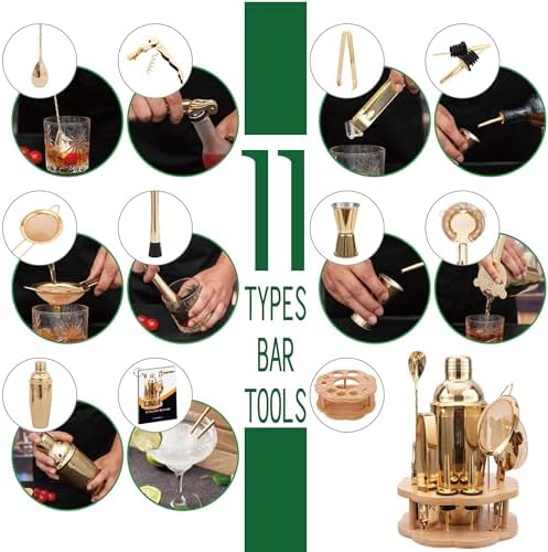 Cocktail Shaker Set Bartender Kit with Rotatble Bamboo Stand,11 Piece Bar Set Stainless Steel Bar Accessories for Drink Mixing, Bar, Home, Party (Gold)