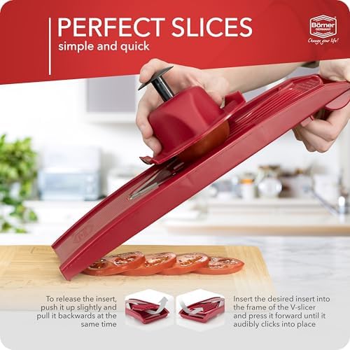 Borner Mandoline Food Slicer V1 (Basic Set) by Reston Lloyd • V-Slicer with Food Holder • Made in Germany • Fruit & Vegetable Chopper • Multiple Settings • Color: Red