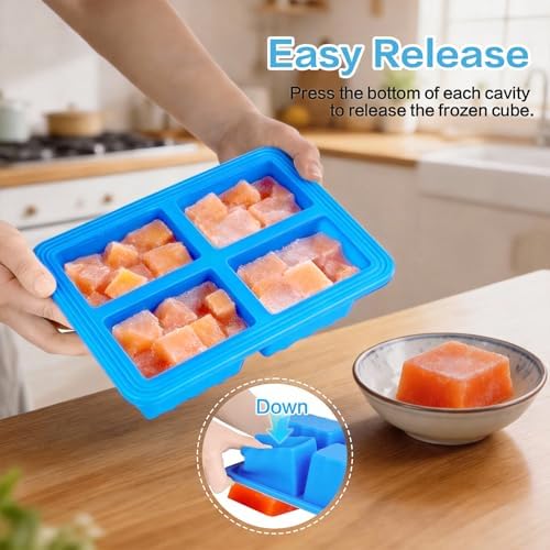 2 Pack Silicone Soup Freezer Molds with Lids, 1 Cup Silicone Freezing Soup Container, Ice Cube Trays for Freezer, Freeze Broth,Sauce,Leftovers, 250mL /125mL Portions, Blue