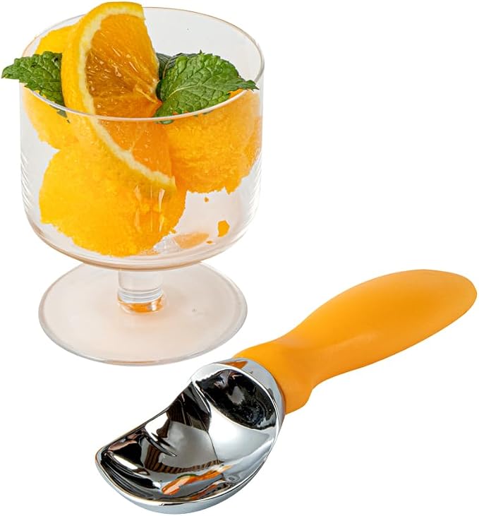 Restaurantware Comfy Grip 7.9 x 2 Inch Kitchen Ice Cream Scoop 1 Heavy-Duty Ice Cream Disher - Ergonomic PP Handle Dishwashable Orange Metal Ice Cream Spade With Lid Opener Notch Multi-Use