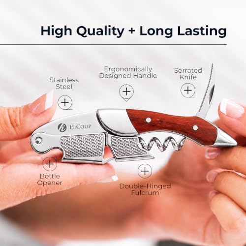 Hicoup Wine Opener - Professional Corkscrews for Wine Bottles w/Foil Cutter and Cap Remover - Manual Wine Key for Servers, Waiters, Bartenders and Home Use - Red Pearwood & Steel