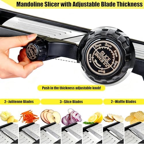 Mandoline Food Slicer for Kitchen, Adjustable Stainless Steel Mandoline Vegetable Slicer, Onion/Potato Slicer/French Fry Cutter, 6-Piece Fruit & Vegetable Cutting Set (Black/Silver)