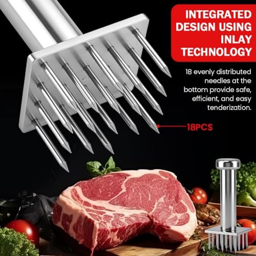Stainless Steel Meat Tenderizer Tool with 18 Sharp Needles, Marinating Prep Tool with free cleaning brush, Durable Meat Mallet Hammer for Tenderizing Steak, Beef, Chicken, Pork(Silver)