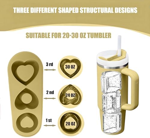 Ice Cube Trays for Stanley Cup 20 30 40 OZ Tumbler Ice Mold Heart Shape Silicone Ice Cube Tray with Lid, Stanley Ice Mold and Maker Ice Cube for Cocktails, Whisky, Juice (20-30 OZ, Yellow)