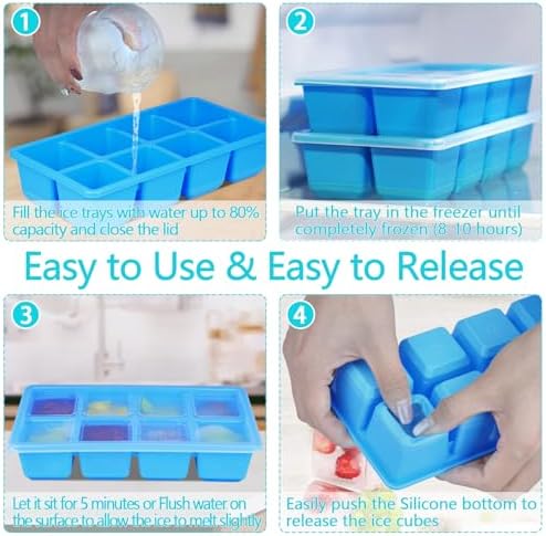 Large Ice Cube Trays 2 Pack, Silicone Easy-Release and Flexible Ice Cube Molds with Lids,1.8" Big Square Cubed Ice Trays for Whiskey and Cocktail, BPA Free and Dishwasher Safe (Blue)