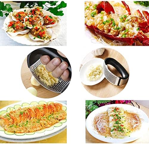 Garlic Press Rocker, Kitchen Stainless Steel Garlic Mincer Crusher, Professional Heavy Soft-Handled Crush Garlic, Garlic Mincer Crusher, Silicone Garlic Peeler, Rust Proof, Black
