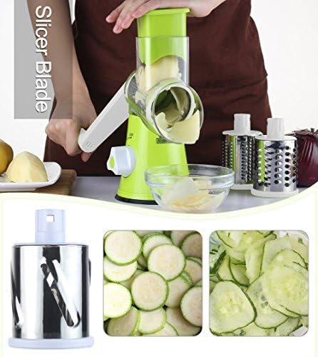Ourokhome Rotary Cheese Grater with 3 Stainless Steel Drum Blades and 12 in 1 Professional Mandolin Slicer for Kitchen with 1.7 L Vegetable Container
