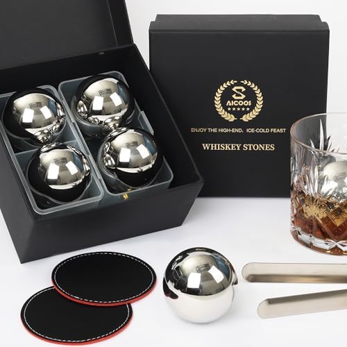 4Pcs Metal Ice Cubes for Whiskey, Reusable Steel Balls & Whiskey Stones