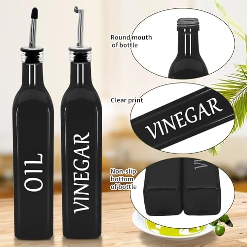 Olive Oil Dispenser Bottle,2 Pcs 17oz 500ml Glass O il and Vinegar Dispenser Set with 2 Stainless Steel Pourers, 8 Labels,Funnel Vinegar Bottles for Kitchen (Black)