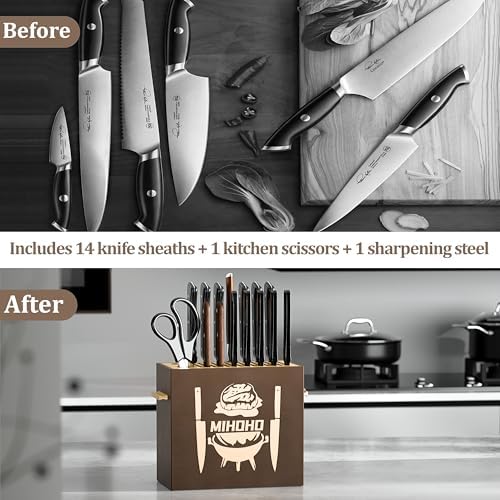 Wood Universal Knife Block with Slots, Wood Knife Holder/Knife Organizer, Unique Knife Storage for Counter Top with Anti-Slip Base (Walnut D)