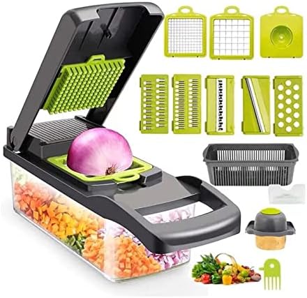 CUTT Vegetable Slicer, Pro Onion Slicer, Cutter, and Vegetable Chopper with Container and Vegetable Brush for Kitchen - (13pc) 12 in 1 Multifunctional Mandoline Slicer with 8 Interchangeable Blades