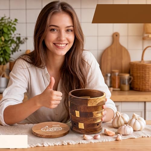 Mifoci Acacia Wood Garlic Keeper with Lid, Ventilated Garlic Storage Container for Countertop, Rustic Crafted Holder Container, Keeps Bulbs Dry, 5.6 x 5 x 5 Inch, Fits 4–5 Heads