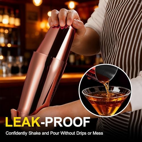 Boston Shaker Set, 18oz & 28oz 2-Piece Tins, Professional 304 Stainless Steel Cocktail Shaker with Leak-Proof Weighted Base for Bartending, Home & Bar Use (RoseGold)