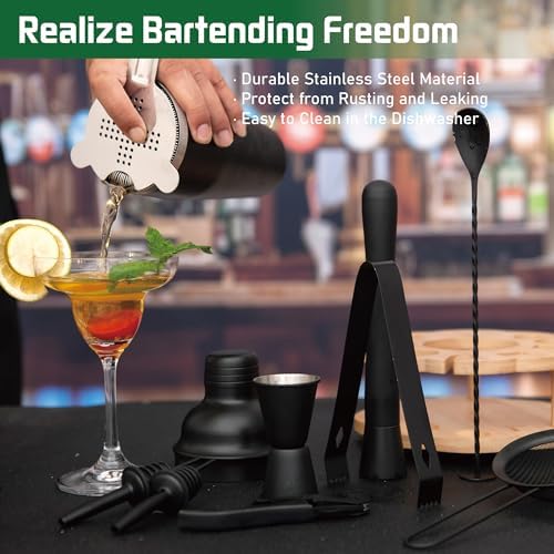 Cocktail Shaker Set Bartender Kit with Rotatble Bamboo Stand,11 Piece Bar Set Stainless Steel Bar Accessories for Drink Mixing, Bar, Home, Party (Frosted Black)