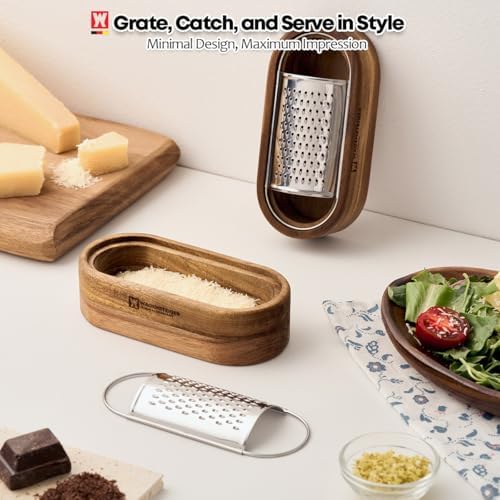 Wagensteiger Removable SUS304 Stainless Steel Cheese Grater with Wooden Container, Wooden Shredder, Citrus Zester, Perfect for Presenting Freshly Grated Cheese or Zest