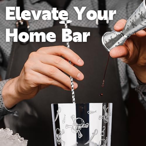 Boston Cocktail Shaker Etched Set, Jigger Spoon 17/24oz Skull