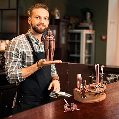 Bartender Kit with Stylish Bamboo Stand, 12 Piece 25oz Cocktail Shaker Set for Mixed Drink, Professional Stainless Steel Bar Tool Set, Gift for Man Dad- Cocktail Recipes Booklet (Rose Gold)