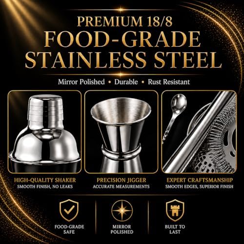 Semderm Cocktail Shaker Set, 26-Piece Premium Mixology Bartender Kit - 18/8 Stainless Steel Bar Set with Bamboo Stand - Includes Mixing Tin, Hawthorne & Mesh Strainer - Professional Gift for Men