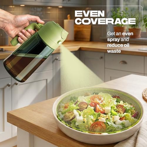 PORTENTUM Olive oil spray bottle for cooking 16oz/470ml 2 in 1 spray and pour function – Anti drip green glass bottle dispenser with light protection – Multilingual labels – Air fryer salads grilling