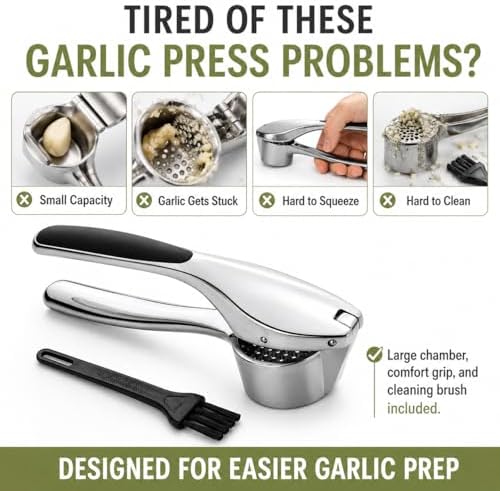 Garlic Press with Cleaning Brush, Zinc Alloy Garlic Mincer, Easy-Squeeze Garlic Crusher with Non-Slip TPR Handle, Mirror Polished Kitchen Tool for Fine Minced Garlic, Garlic Smasher for Daily Cooking