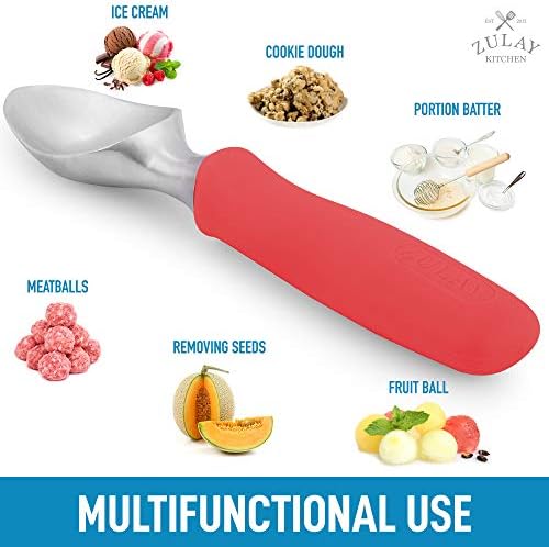 Zulay Heavy Duty Ice Cream Scoop - Stainless Steel Ice Cream Scooper With Non-Slip Rubber Grip - Durable Ice Cream Spade - Anti-Thaw Icecream Scoup For Frozen Ice Cream & Gelato (Red)