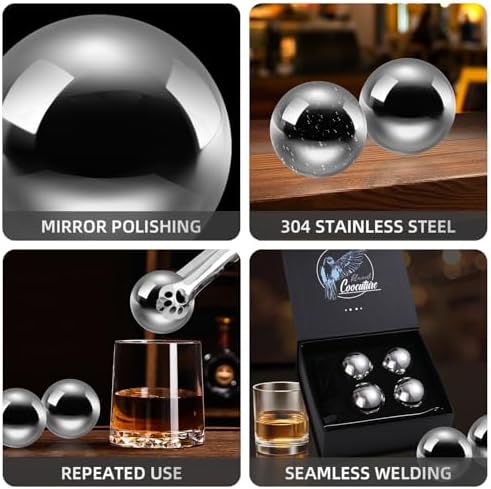 Whiskey Balls Set of 4 Reusable Stainless Steel Metal Ice Sphere Cubes Beverage Chilling Rocks Whiskey Stones Gifts for Men Him Husband from Wife