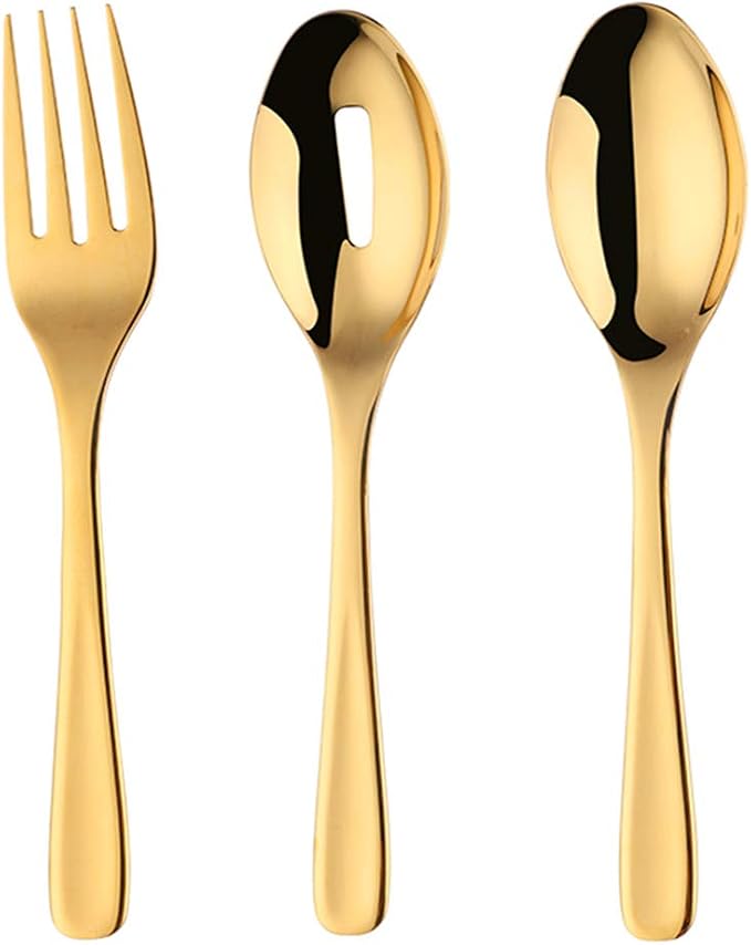 Long Handle Serving Set, 10 inch Stainless Steel Polished Server Spoon, Fork, Slotted Spoons, Set of 3 (Gold)