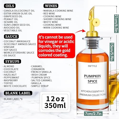 Olive Oil Dispenser Bottle Glass Coffee Syrup Bottles Set of 6 Cooking Oil bottles for kitchen, with Pourer Spout, Sealing Stopper, Labels, Funnel, Cleaning Brush (12 oz)