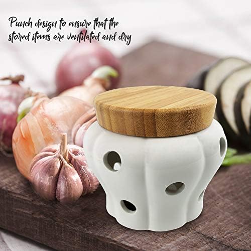 Ceramic Garlic Keeper with Bamboo Lid, 550 ml Vented White Stoneware Storage Container for Garlic, Ginger and Shallots, Countertop Kitchen Organizer