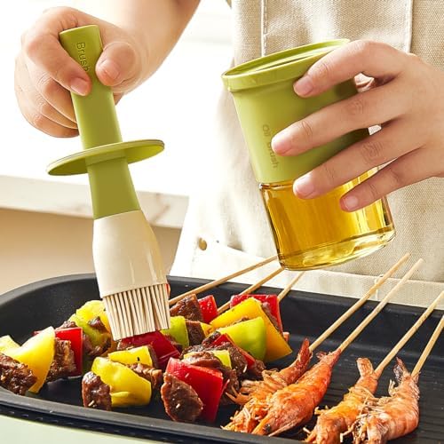 Glass Oil Dispenser with Heat Resistant Brush,Oil Dispenser Bottle with Silicone Pastry Brush for Kitchen,Cooking Vinegar and Sauce BBQ Grill Frying (Oil Dispenser-Green&Yellow)
