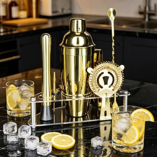 9-Piece Cocktail Shaker with Stand, 25oz Bartender Kit, Cocktail Shaker with Strainer Set, Bar Set Jigger for Bartending Drink Mixer Set, Cocktail Set Recipe (Gold)