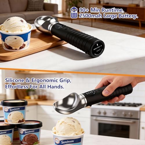 Electric Heated Ice Cream Scoop with Stainless Steel Head, 4 Temperature Settings Led Display, 90 Mins Runtime Type-c Charging for Home Kitchen, Ice Cream Shop, Dessert Making