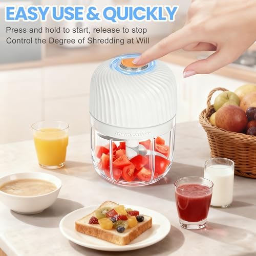 Electric Garlic Chopper 350ML, Mini USB Rechargeable Veggie Chopper, Cordless Garlic Mincer Onion Chopper Food Chopper for Ginger Chili Meat Sauce, Wireless Food Processor, White