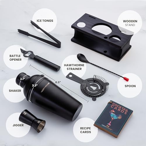 Modern Mixology Cocktail Shaker Set - Bartender Kit with Pine Stand | Leak-Proof Design | Includes Martini Shaker, Jigger, Strainer, Spoon, Tongs | Perfect Bar Tools Gift for Home Mixology (Black)