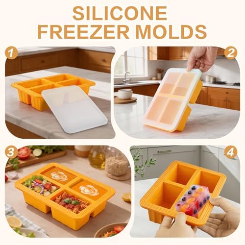 2 Pack Silicone Soup Freezer Molds with Lids, 1 Cup Silicone Freezing Soup Container, Ice Cube Trays for Freezer, Freeze Broth,Sauce,Leftovers, 250mL /125mL Portions, Orange