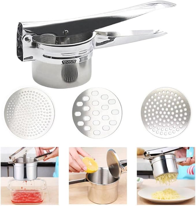 Large 14.78oz Potato Ricer, Stainless Steel Potato Masher Press with 3 Interchangeable Mesh Plates, Mashed Potatoes Masher Press Kitchen Gadget for Bab-y Food & Vegetable Puree(COLOR:Silver)