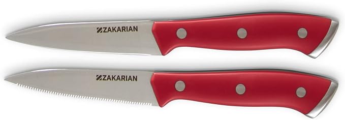 Zakarian by Dash 2 Piece Chef Grade German Steel Paring Knife Set with Smooth and Serrated Blades for Chopping, Dicing, Mincing, Slicing and More – Cranberry