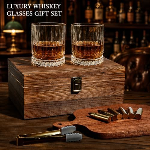 Gifts for Men Dad - Whiskey Glass Set with 6 Gold Bullet Whiskey Stones，Luxury Whiskey Set，Cool Bourbon Gifts for Men，Cool Drinking Accessories for Home Bar