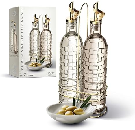 COOK WITH COLOR Glass Olive Oil Bottle Dispenser - 2 Pack- 17oz Oil and Vinegar Cruet - Olive Oil Carafe Decanter for Kitchen, Checkered, Brown