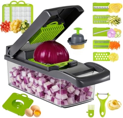 Vegetable Chopper with Container Cheese Grater Mandoline Slicer Cabbage Shredder for Veggie Onion Potato Fruit Food, Includes Egg Separator & Vegetable Peeler, Manual Hand Cooking Gadget for Kitchen