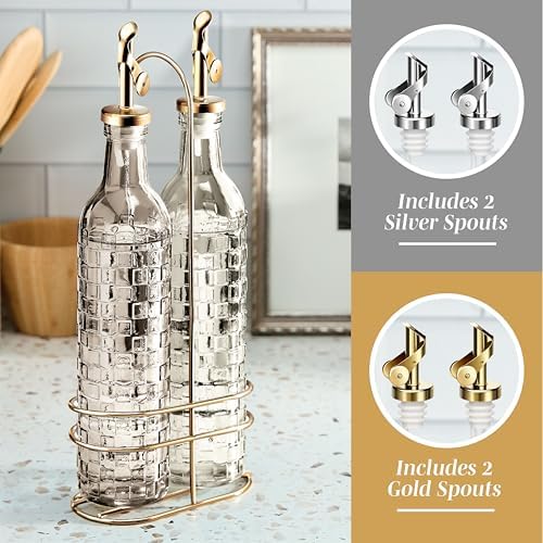 COOK WITH COLOR Glass Olive Oil Bottle Dispenser - 2 Pack- 17oz Oil and Vinegar Cruet - Olive Oil Carafe Decanter for Kitchen, Checkered, Brown
