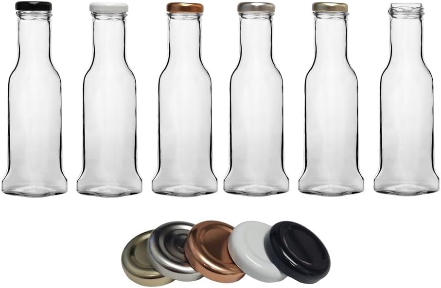 Nakpunar 6 pcs 11 oz 330 ml Wide Mouth Empty Glass Bottles with Gold Plastisol Lined Lids - Square bottom, straight side top - for Oil, Sauces, Milk, Water, Beverages