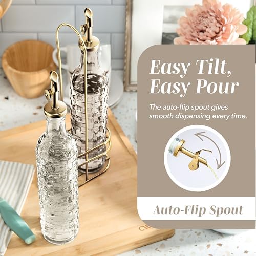 COOK WITH COLOR Glass Olive Oil Bottle Dispenser - 2 Pack- 17oz Oil and Vinegar Cruet - Olive Oil Carafe Decanter for Kitchen, Checkered, Brown