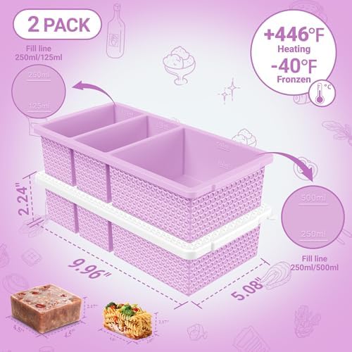 Silicone Freezer Trays with Lid (2-Pack), 1-Cup & 2-Cup Silicone Freezer Molds, Stackable Soup Cubes Freezer Tray with Lid for Portion Control, Food Storage & Meal Prep, Oven & Dishwasher Safe