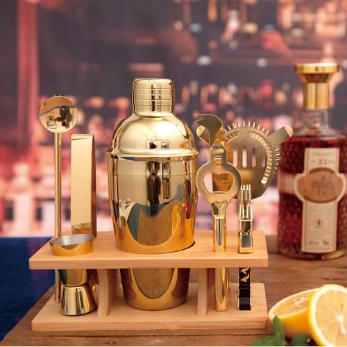 JNWINOG 9Pcs-Cocktail Shaker Set Bartending Kit Cocktail Bar Set Cocktail Mix Drink Making Kit Professional Bar and Home Drink Bar Tools for Bartender (Gold, 9Pcs)