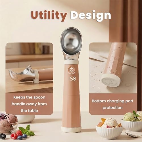NEWKITCHEN Heated Ice Cream Scoop, Electric Ice Cream Scooper Rechargeable Heats -158℉, LED Display, 2600mAh Capacity Removable Battery, for Hard Ice Cream, Frozen Yogurt, Sorbet,Gelato, Light Caramel